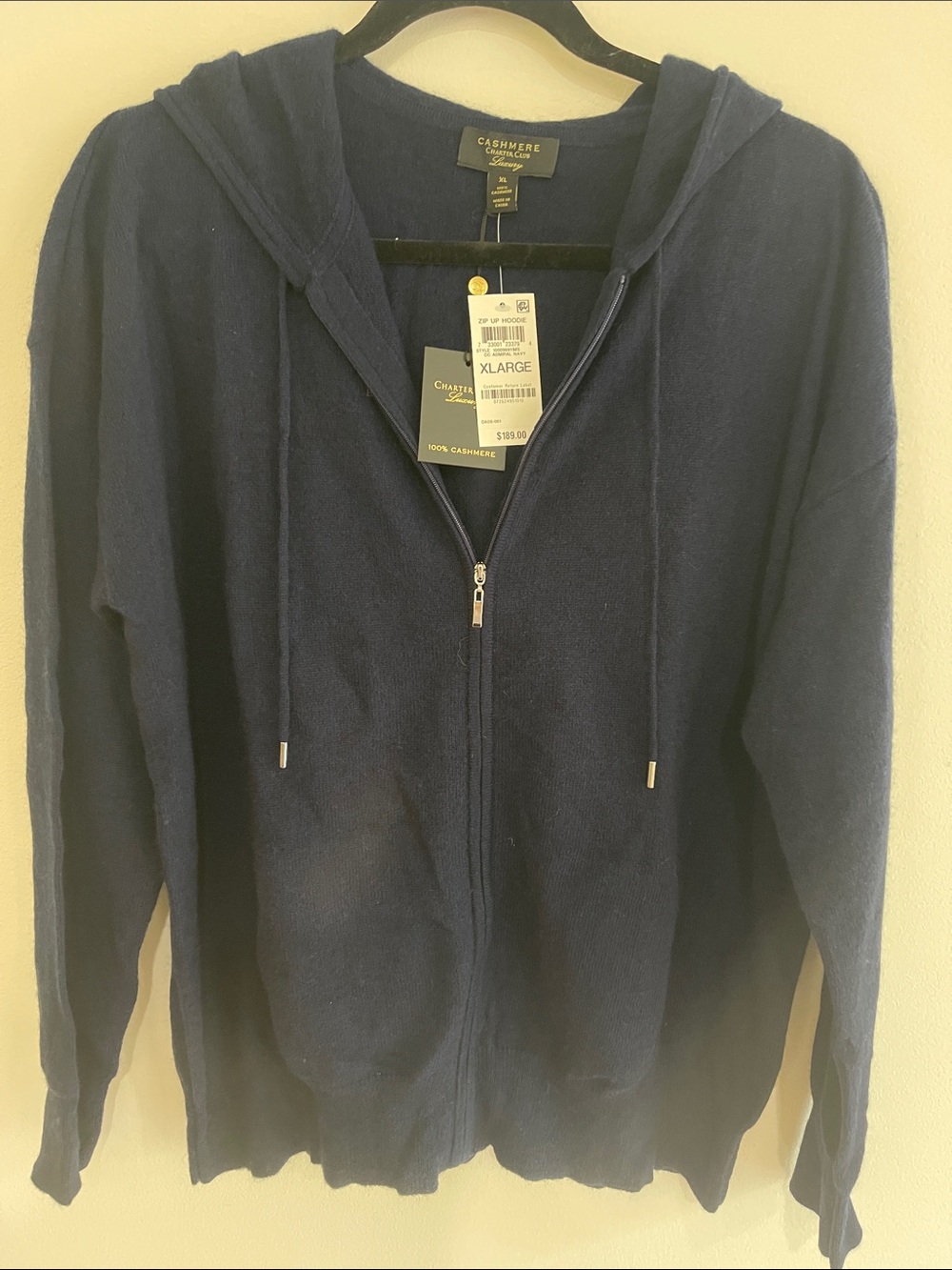 Charter Club True Navy 100% Cashmere Zip-Up Hoodie XL. NWT